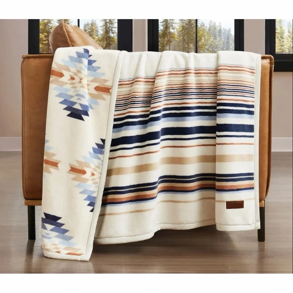 Pendleton Geometric and Striped Blanket - Blue, Cream, and Tan Size 50in x 70in - Picture 6 of 8